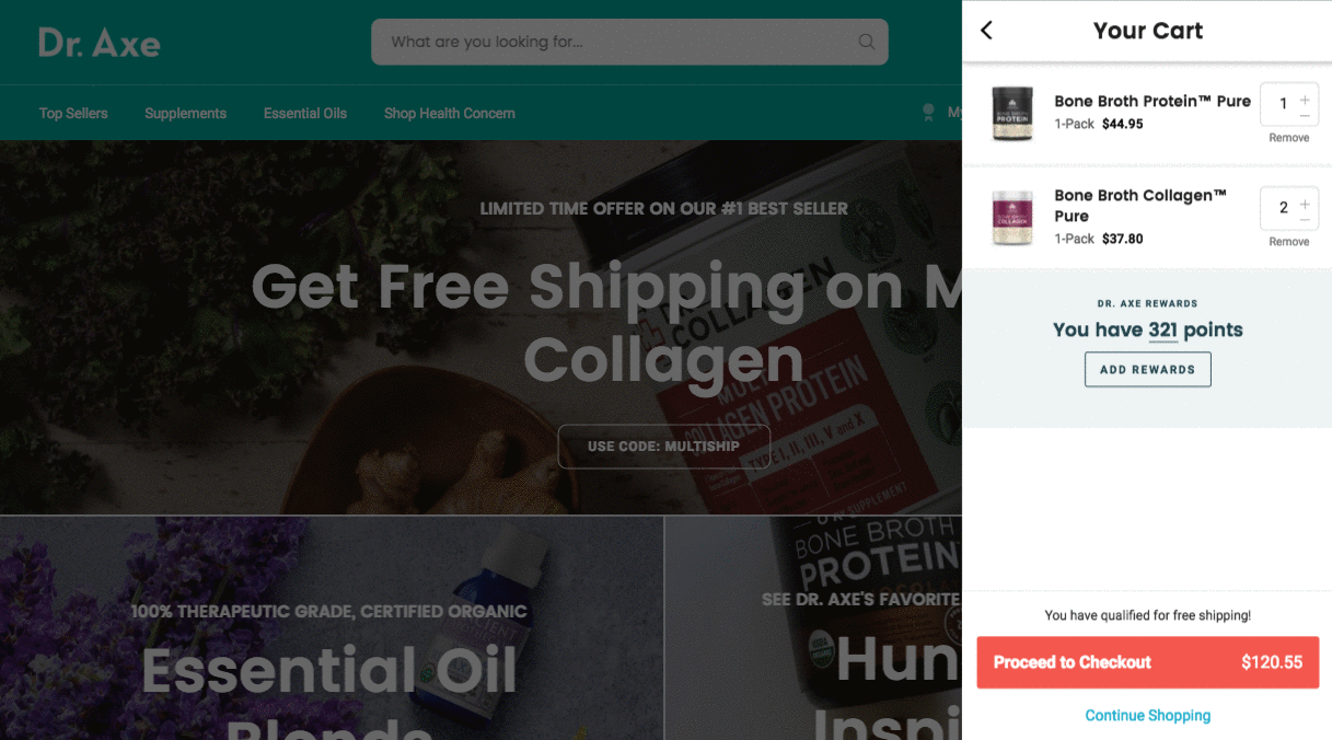 Dr. Axe checkout process promoting to upsell for extra points